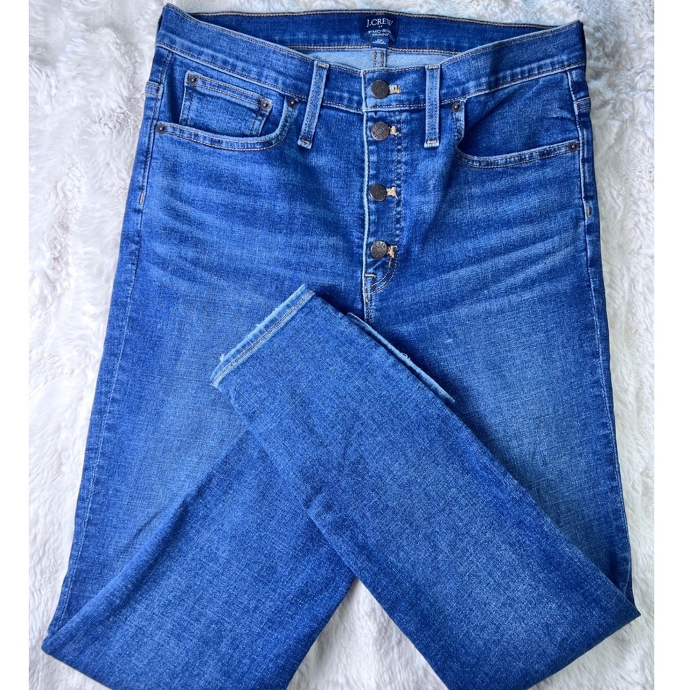 J.Crew 9" Mid-Rise Skinny Jeans Button Fly Distressed Blue Denim Size 30. A15